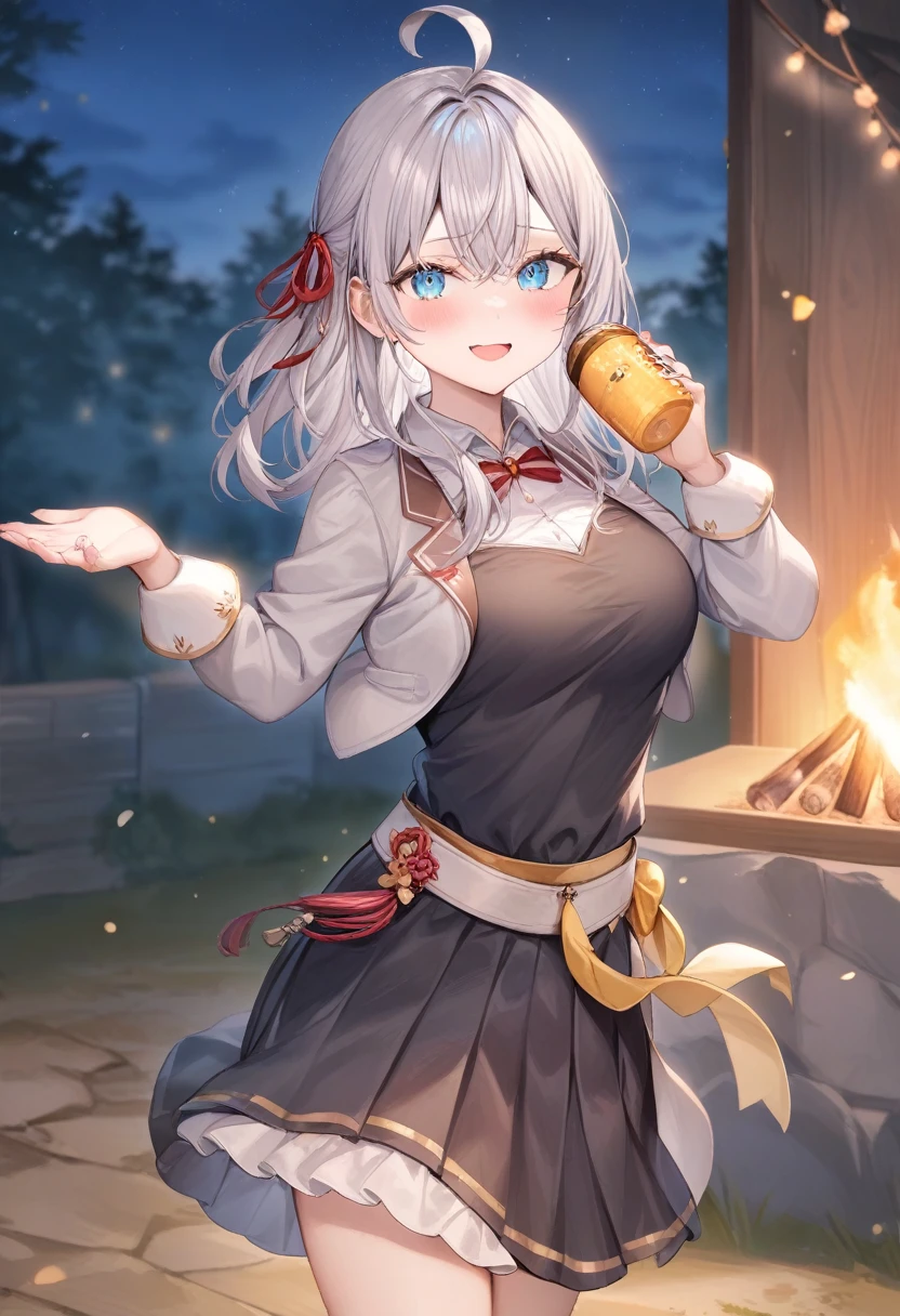 One girl,  Alisa Mikhailovna Kujo,Tomorrow, my friend, Arya-san, will be visiting Russia.,alone, Long Hair, Eyebrows visible through hair, Hair between the eyes, Silver Hair, blue eyes, Medium chest, uniform、campfire、at night、School festival、Dancing folk dance、
View your viewers, 
Highest quality, so beautiful, 