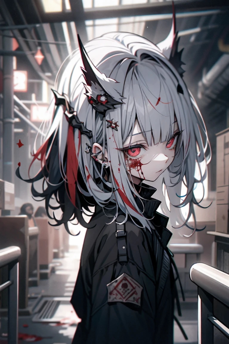 dead body、blood all around、blood spatter、dark hues、red tint、