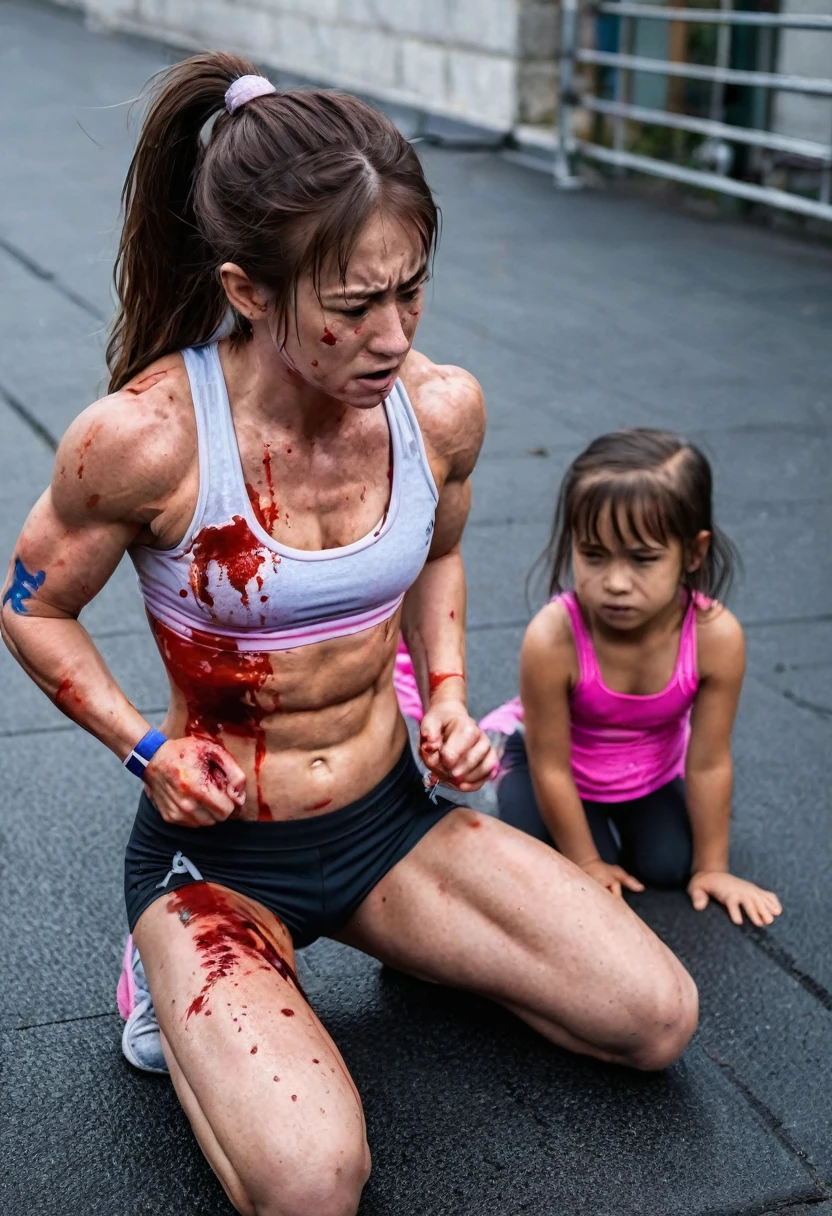 The fitness girl with eight abdominal muscles was beaten by a  girl，Kneeling on the ground，Visible abdominal muscles，Defeat and injury，Abdominal muscle swelling and bleeding，Covered in blood，Painful expression，Abdominal muscle injury，Full of scars，Bruising, redness and swelling