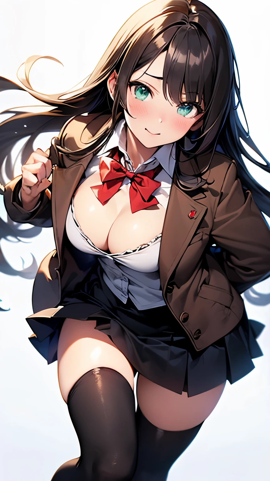((Tabletop, Highest quality, High resolution, Hmph, Pixel perfect, Depth of written boundary, 4K, Hmph, Hmph))), One Girl, single, alone, Beautiful Anime Girls, Beautiful art style, Anime characters, ((Long Hair, bangs, Dark brown hair, Curly Hair:0.8)), ((Green Eyes:1.4, Detailed eyes, Beautiful Eyes, Perfect Eyes,Curled eyelashes, Realistic eyes)), ((Detailed face, blush:1.2)), ((Smooth texture:0.75, Realistic texture:0.5, Anime CG style)), Medium chest, Dynamic Angle, Big Breasts, Perfect body, Dynamic pose, ((Red bow tie, , Black jacket, Open jacket, Brown cardigan, White shirt, Black Skirt, Checked skirt)), smile, Open your mouth, Put your arms behind your back, Leaning forward, Amalment Park, ((close, throw, cute, Shoot in the face)), fleshy thighs, Knee-high stockings, White panties,See-through bra, Full Body Shot, Low angle shot