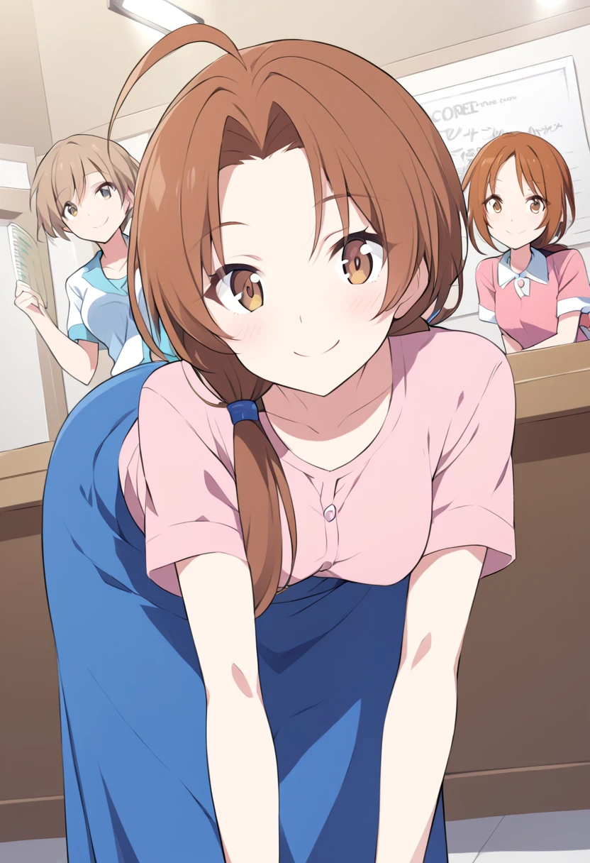 score_9, score_8_up, score_7_up, source_anime,
deliaketchum, deliaketchum, brown hair, brown eyes, parted bangs, ahoge, ponytail, low ponytail,
shirt, pink shirt, short sleeves, skirt, blue skirt, long skirt,
indoors, bent over, smile,
looking at viewer, cowboy shot, dutch angle,