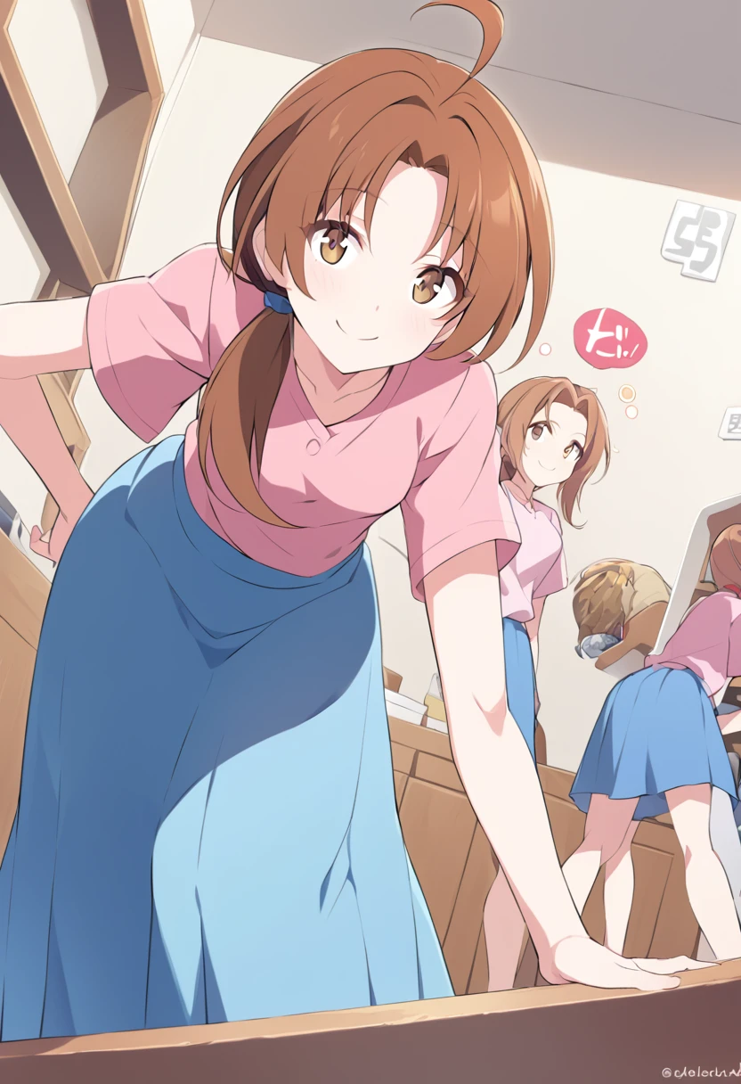 score_9, score_8_up, score_7_up, source_anime,
deliaketchum, deliaketchum, brown hair, brown eyes, parted bangs, ahoge, ponytail, low ponytail,
shirt, pink shirt, short sleeves, skirt, blue skirt, long skirt,
indoors, bent over, smile,
looking at viewer, cowboy shot, dutch angle,