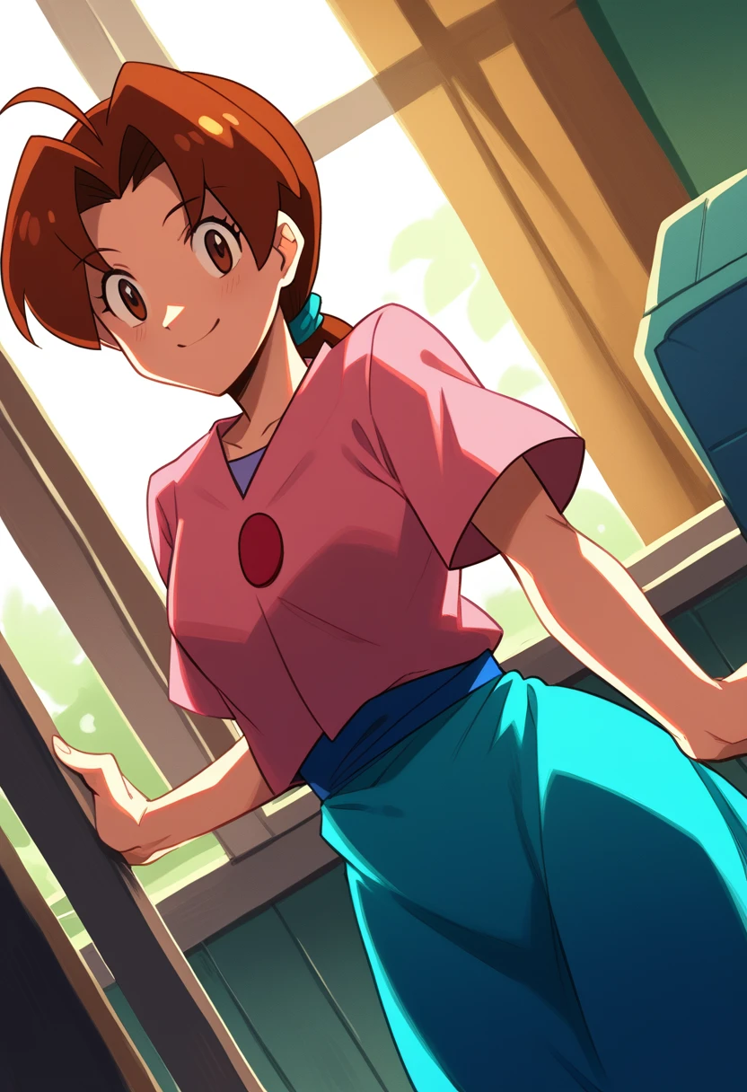 score_9, score_8_up, score_7_up, source_anime,
deliaketchum, deliaketchum, brown hair, brown eyes, parted bangs, ahoge, ponytail, low ponytail,
shirt, pink shirt, short sleeves, skirt, blue skirt, long skirt,
indoors, bent over, smile,
looking at viewer, cowboy shot, dutch angle,