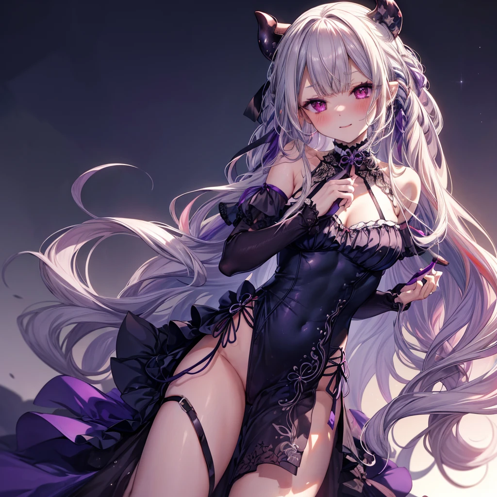 high quality, High resolution, beautiful, detailed, nsfw, woman, 独奏, Blue-violet hair, Mid-length hair, Purple eyes, slim, blush, Mischievous(Sexual), (Blood), 吸Blood鬼, Torn Dress, (sexy), Wet, night, Dark fantasy, mysterious, complicated,