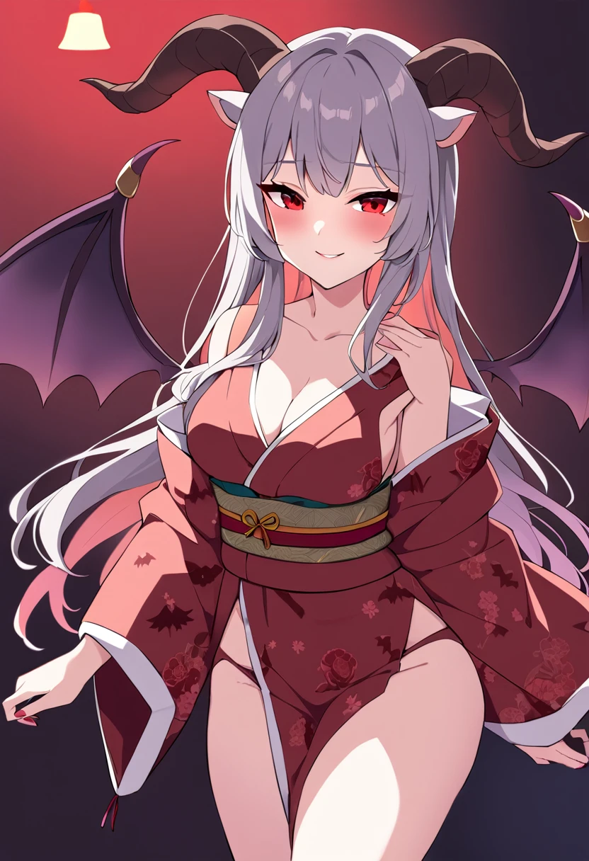 28 years old,Succubus,Model body type,A beautiful woman,Goat horns on the sides of the head,bat wings on the back,,A gentle smile,Red light district,Prostitute,kimono