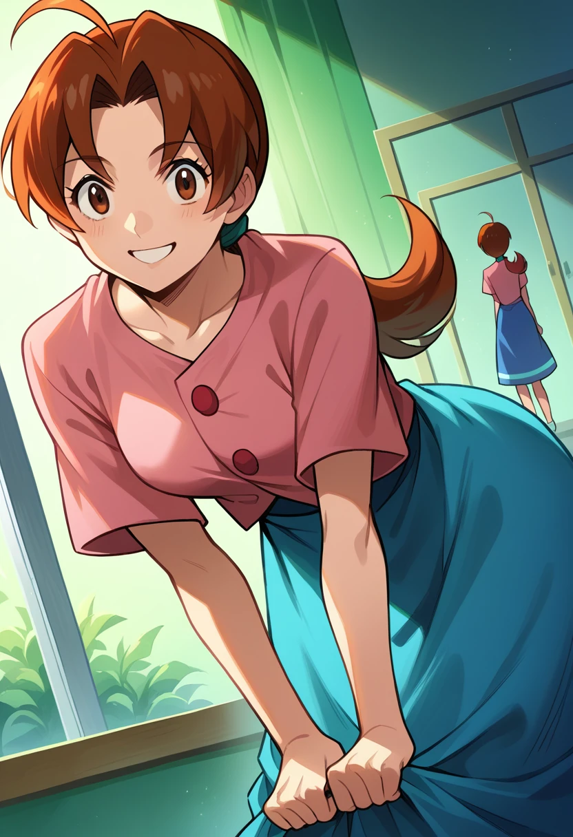 score_9, score_8_up, score_7_up, source_anime,
deliaketchum, deliaketchum, brown hair, brown eyes, parted bangs, ahoge, ponytail, low ponytail,
shirt, pink shirt, short sleeves, skirt, blue skirt, long skirt,
indoors, bent over, smile,
looking at viewer, cowboy shot, dutch angle,