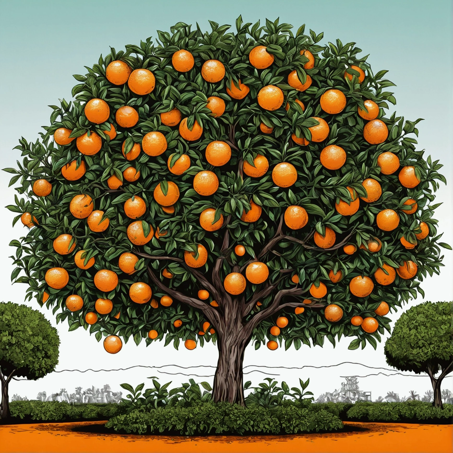 vector art, aesthetic, Vector drawing illustration an orange tree, vector, Complex details. digital art, detailed colors, bold outlines, illustrative, highly detailed