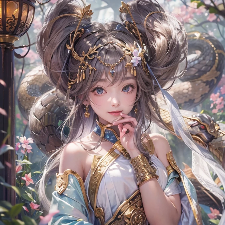 Hiding in an ancient shrine、Hair Flow、 ((Highest quality、masterpiece、8k、Best image quality、Ultra-high resolution、Award-winning works)、(Accurate anatomy:1.1)、(Look at me and smile:1.1)、Shining fair skin with Ultra-high resolution、The most detailed face、Ultra-high resolution detailed face、Ultra-high resolutionの髪の毛、(Ultra-high resolutionの煌めく瞳:1.1)、Beautiful face drawn in every detail、(Blurred Background:1.1)、Ancient maiden costume, Chest to chest, tattoo、Giant white snake