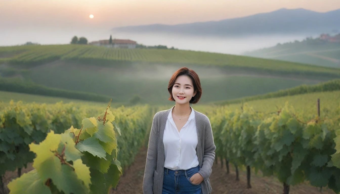 8k realistic, lifelike photo,, 36 year old Korean woman, Short in stature, pretty like a model. front view, White shirt and short cardigan, casual pants, short medium hair, Smiley, Italy. vineyard, thick dawn fog. vineyard 지나 짙은 안개 속으로 저 멀리 성당이 보인다. Full body shot from afar with a wide angle lens , 1 woman, Short in stature, looking at the camera, Excellent picture quality, The morning fog is thick, The picture quality is alive. Full body shot with Canon 16-35 wide angle lens, looking up the side