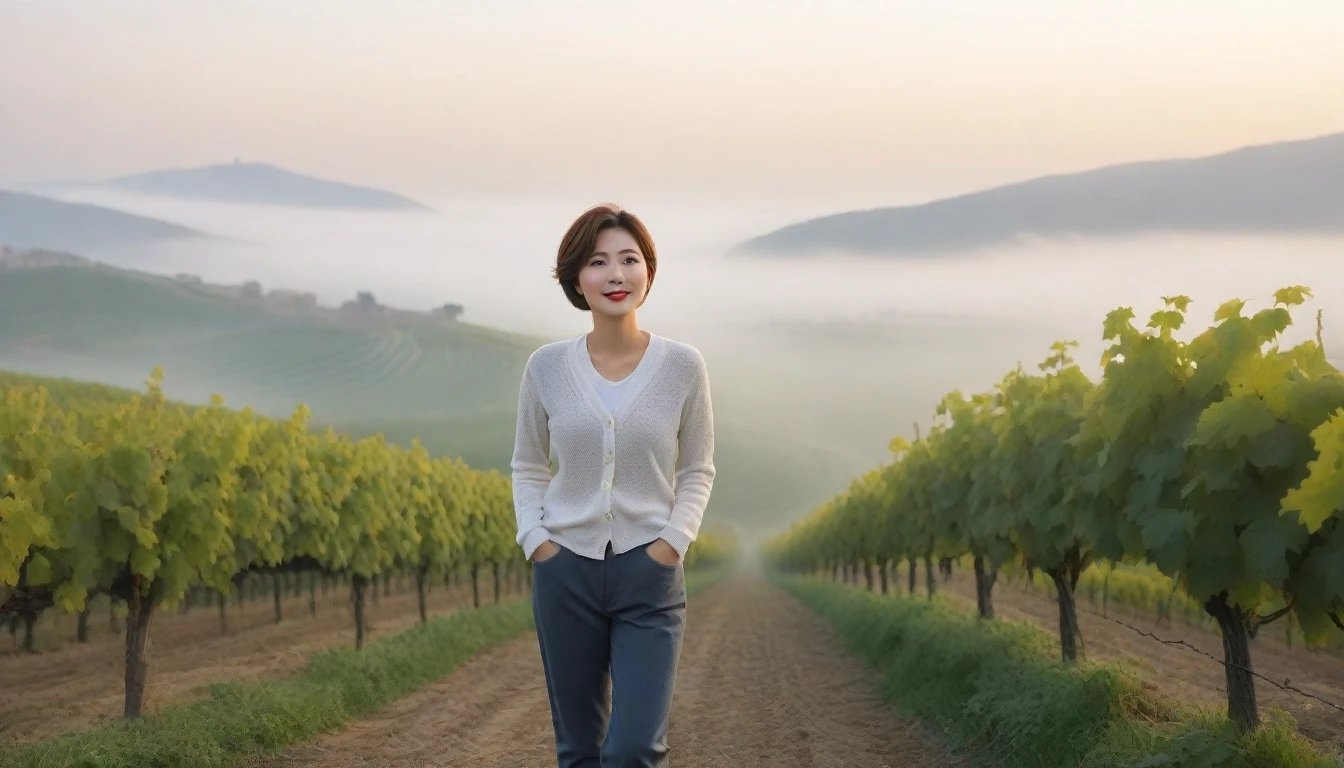 8k realistic, lifelike photo,, 36 year old Korean woman, Short in stature, pretty like a model. front view, White shirt and short cardigan, casual pants, short medium hair, Smiley, Italy. vineyard, thick dawn fog. vineyard 지나 짙은 안개 속으로 저 멀리 성당이 보인다. Full body shot from afar with a wide angle lens , 1 woman, Short in stature, looking at the camera, Excellent picture quality, The morning fog is thick, The picture quality is alive. Full body shot with Canon 16-35 wide angle lens, looking up the side