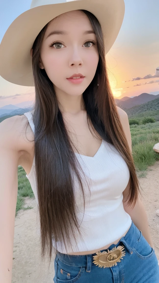 (best quality, masterpiece:1.1), (photorealistic:1.4), 1girl, cowgirl, detailed face, beautiful eyes, beautiful lips, long eyelashes, detailed hair, tight jeans, cowgirl boots, cowgirl hat, outdoor, rural landscape, sunset lighting, warm colors, vibrant colors, cinematic, epic, dramatic