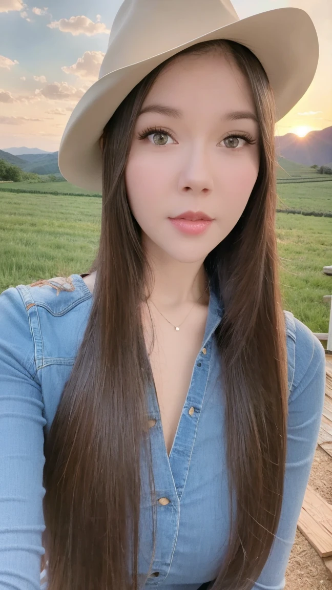 (best quality, masterpiece:1.1), (photorealistic:1.4), 1girl, cowgirl, detailed face, beautiful eyes, beautiful lips, long eyelashes, detailed hair, tight jeans, cowgirl boots, cowgirl hat, outdoor, rural landscape, sunset lighting, warm colors, vibrant colors, cinematic, epic, dramatic