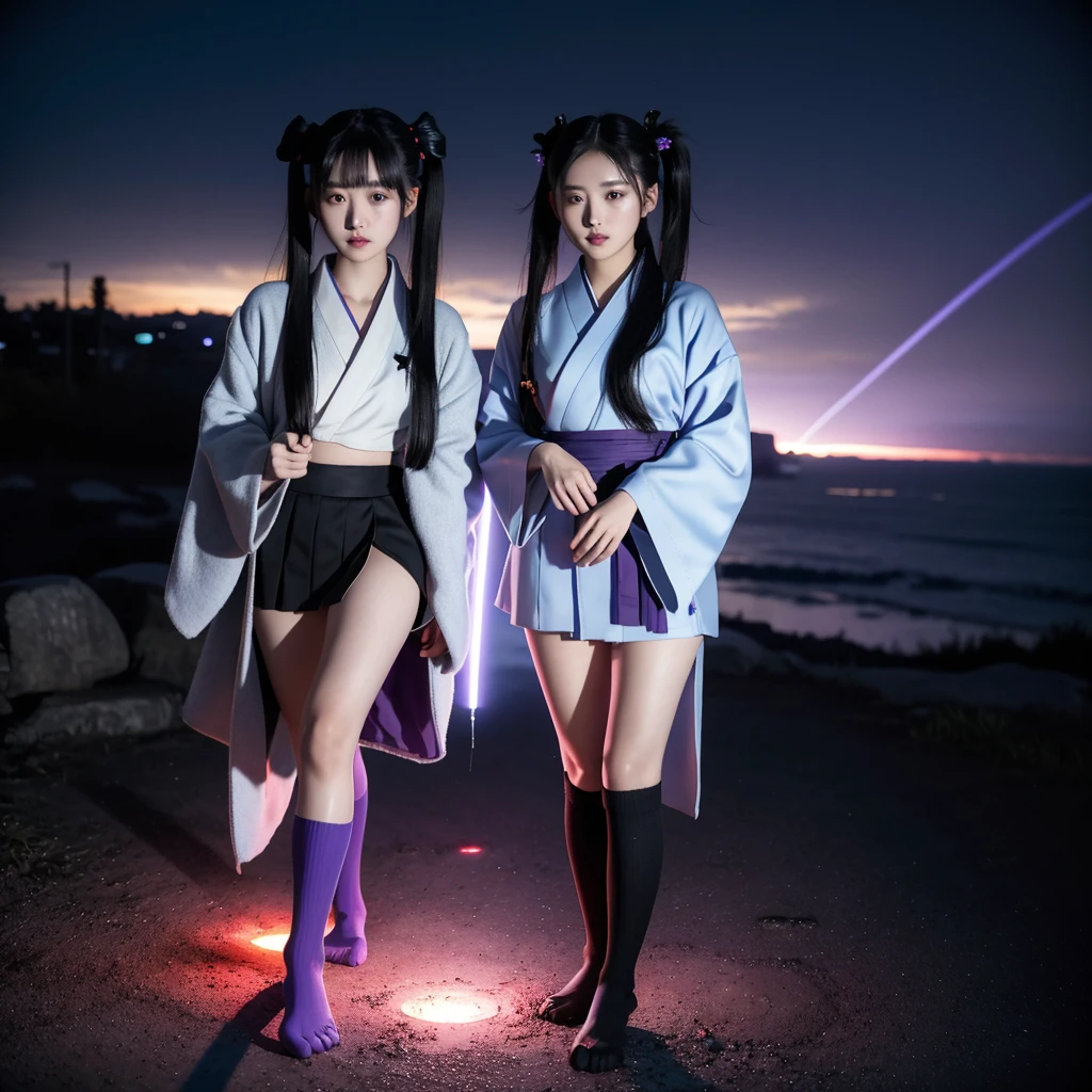 Two Girls, kimono, Twin tails ,Black Hair, Purple eyes, magic circle, Blue Fire, Blue Flame, wallpaper, landscape, Blood, Blood splatter, Depth of written boundary, night, Particles of light, light, Side light, Thighs, destiny \(series\), Genshin Impact, ****, Open jacket, skirt, Knee socks, cloud