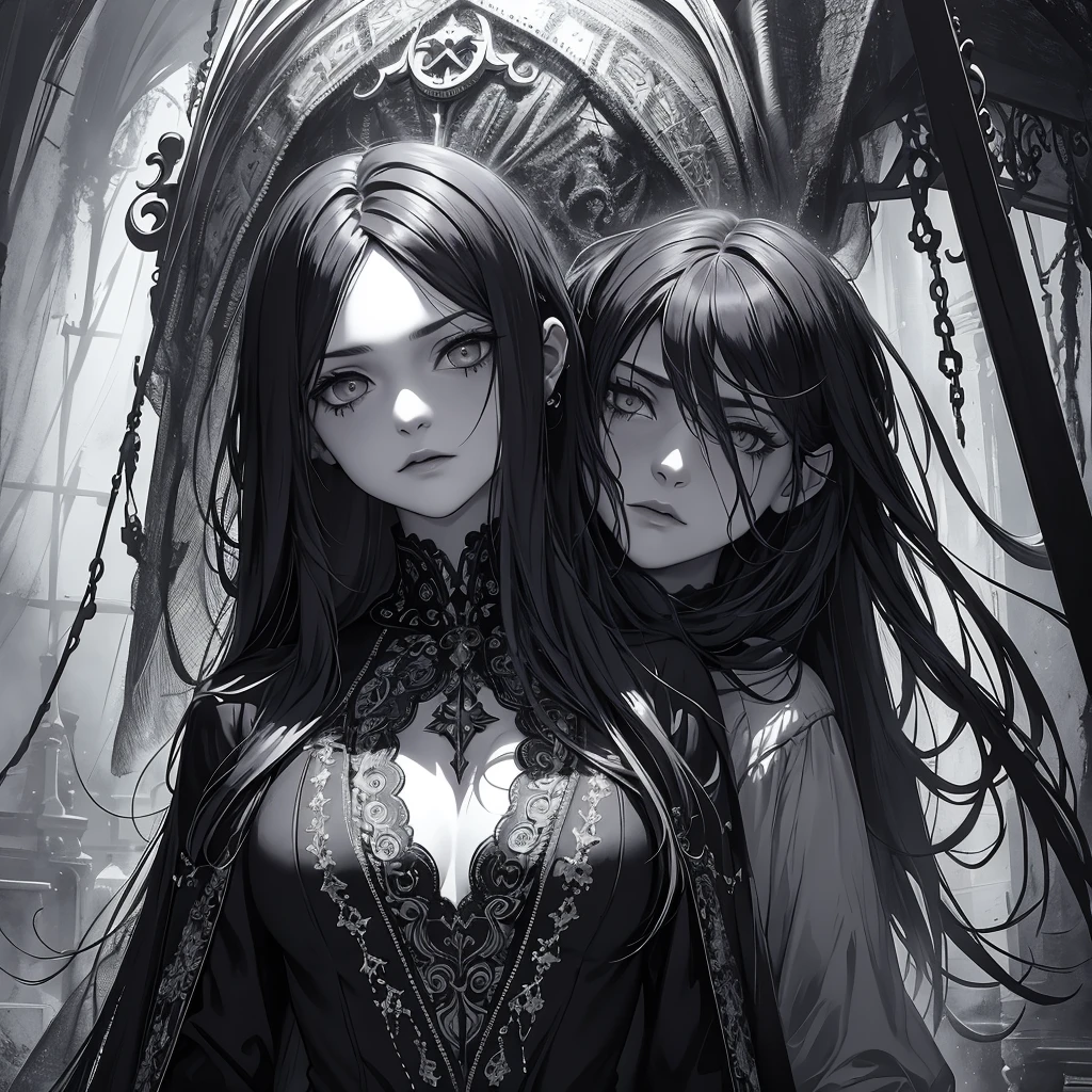 Rose ionism, dark and moody, black and white, hauntingly beautiful, intricate details of characters' facial features, magical elements, eerie atmosphere, theatrical lighting, deep shadows, intense emotions, dramatic composition, mystical and surreal.Rose