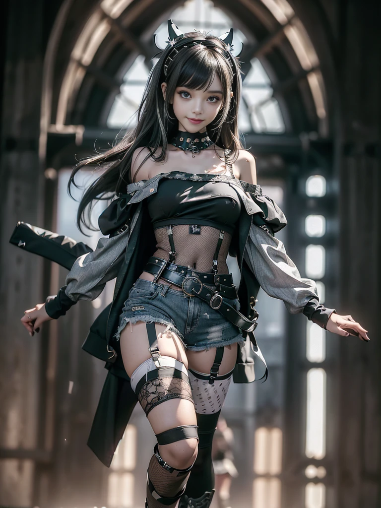 (Side view:1.1)、(Beautiful skin, lips and nose:1.4)、(Smiling with teeth showing:1.3),(Fashion Model:1.5)、(Gothic ta delicately decorated battle uniform:1.5)、(Moss green off-shoulder hoodie:1.5)、(Black, silver and white shorts:1.4)、(denim garter belt:1.5)、(Black and camouflage knee socks:1.3)、(Skull Silver Accessories:1.5)、(Lace collar:1.3)、(Brown Skin Belt:1.4)、(Brown boots:1.2)、(Underwear has polka dots:1.4)、23 years old、((Highest quality、In 8K、masterpiece:1.3))、Sharp focus:1.2、(Layered Cut、Huge boobs:1.1),Beautiful woman with perfect figure:1.4、(Dancing vigorously:1.3)、Slender Abs:1.2、Highly detailed face and skin texture、Detailed eyes、double eyelid,(Bob Hair:1.3)、(Black brown hair:1.3)、Gravure idol、(The background is a gorgeous fashion show:1.3)、(Slim Body:1.2),(Make your legs thinner:1.4),(clavicle:1.1)