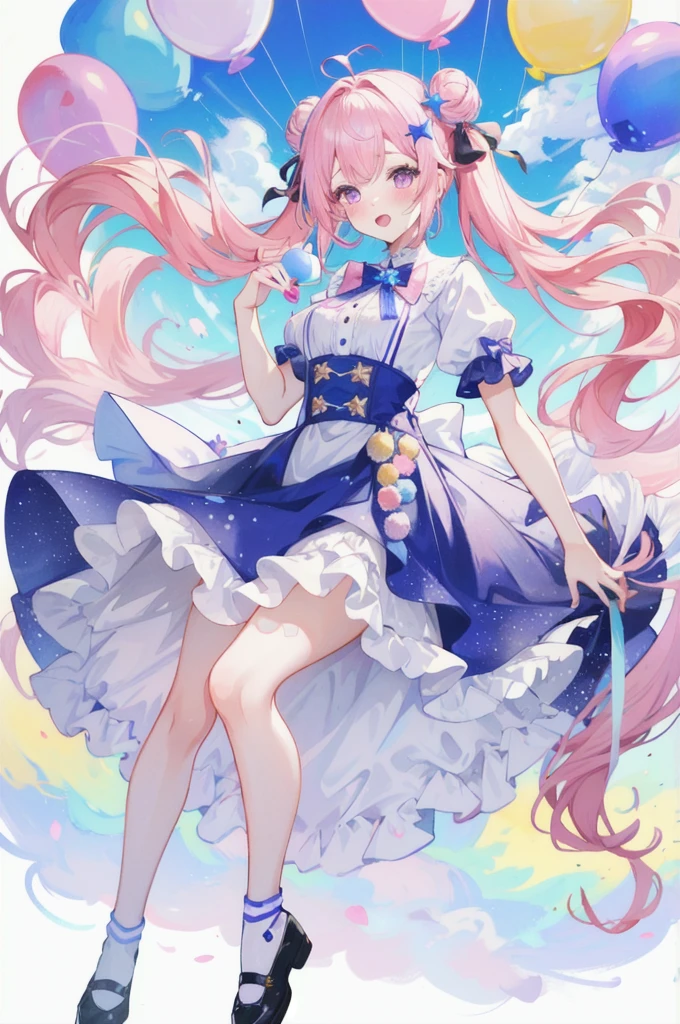 (whole body, legs and shoes visible: 1.2)) Expressive eyes, One girl, Pale skin, Long Hair, Windblown Hair, ((absurdly Long Hair)), Long Side Lock, Princess bangs, Hair bangs, Hair Bun, ((Very long twin tails)), Rainbow Hair, Light pink hair, blush, full face blush, big sparkling Pastel Purple eyes, (Gradient Eye), Laughing with your mouth open, cute pose, ((Holding a balloon : 1.3)) ((cute and pastel fashion)) ((🦄🎠🎈🎉 theme : 1.4)) A loose pastel dress, ((Dreamy multi-colored open dress)), (Floating ribbon), Lavender Frill, Pink frills, (Light blue lace), Removable short sleeves, Fluffy skirt, ((Rainbow and star printed skirt : 1.3)), Lolita Skirt, Purple ribbon, ((pom pom ribbon hair ornament : 1.4)), Multiple Bows, Striped lace stockings, (heart型のレッグガーター), cute (Pastel Purple) shoes ((Ultra-detailed clothing and fashion)) I&#39;m watching you, Vintage Girl, blush, (Beautiful attention to detail), (Highly detailed CG Unity 8k wallpaper) (Best Shadow), ((Very delicate and beautiful)), (Detailed light), ((Depth of written boundary)) Big Head, Big, bright eyes, Moe, Splash Art, Cinema Lighting, Front view, volumetric lighting maximalist photo illustration k resolution high resolution intricate detailed complex key visuals precise linear ((Dreamy pastel sky background, Surrounded by sunset clouds, shooting star, Castle above the clouds)) ((Ultra-detailed landscapes, Foggy clouds, Hung by balloons, heart : 1.3))