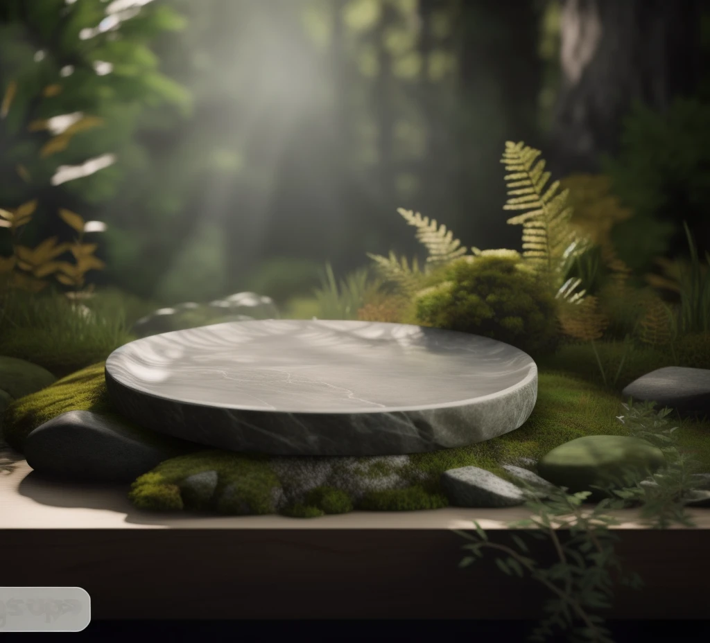 there is a stone plate on a moss-covered table, natural realistic render, located in a dense forest, tabletop model, stone plate, Realistic physics rendering, hyper-realistic detailed rendering, high quality up-to-date rendering, Stone table, Very realistic render, 3D rendering product, 3 d hyperrealistic render, hyperrealistic render, forest background, 3 d photorealistic render