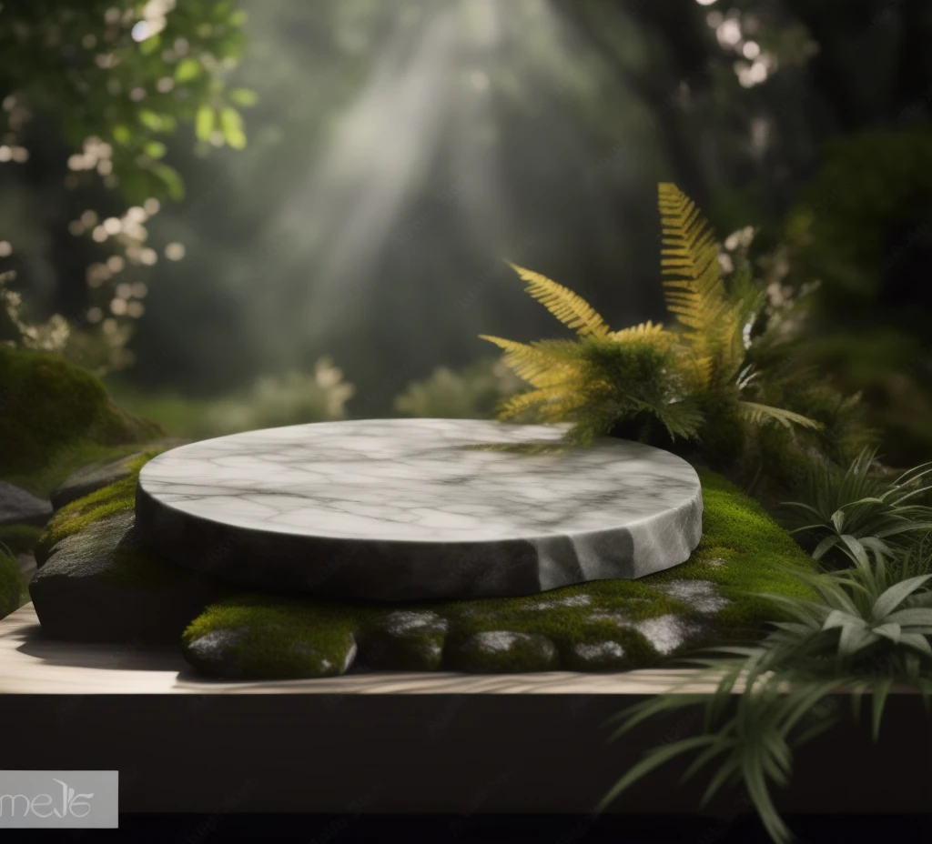 there is a stone plate on a moss-covered table, natural realistic render, located in a dense forest, tabletop model, stone plate, Realistic physics rendering, hyper-realistic detailed rendering, high quality up-to-date rendering, Stone table, Very realistic render, 3D rendering product, 3 d hyperrealistic render, hyperrealistic render, forest background, 3 d photorealistic render