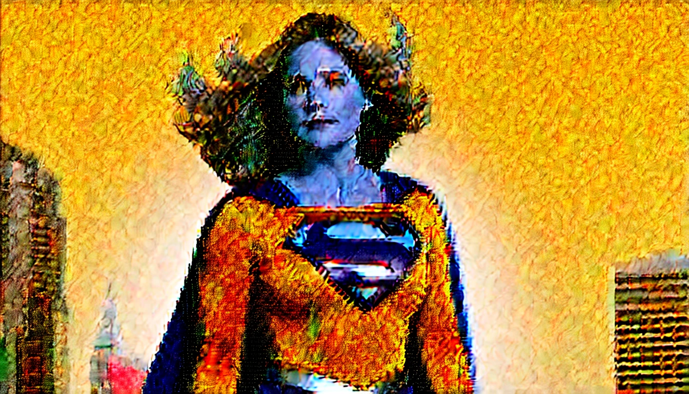 Super Lorraine Bracco(big fat woman; powerful; trusting; higher) 2007 (((Woman defined body strong and firm large breasts; Supergirl 1984s costume dress))) as Supergirl(((Filme da Supergirl de 2007 de Lorraine Bracco))); floating in mid - air.