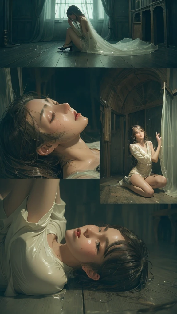 Sensual woman、Beautifully detailed eyes、Beautifully detailed lips、Highly detailed face、Long eyelashes、Graceful appearance、Gothic dresses、Soft lighting、Dramatic Shadows、A calming color palette、Cinematic composition、Photorealistic、(Highest quality) 、4K、8K、High Resolution、masterpiece:1.2)、Super detailed、(Real、Photorealistic、Photorealistic:1.37)、Black panties、Stiletto heels、sit、sensual pose、bold pose、The skin is damp、Sweating、
masochist、blush、Embarrassed、Expressions of ecstasy、Spreading legs with hands、Distorted facial expressions、Tears are flowing、Heavily wet、With water droplets