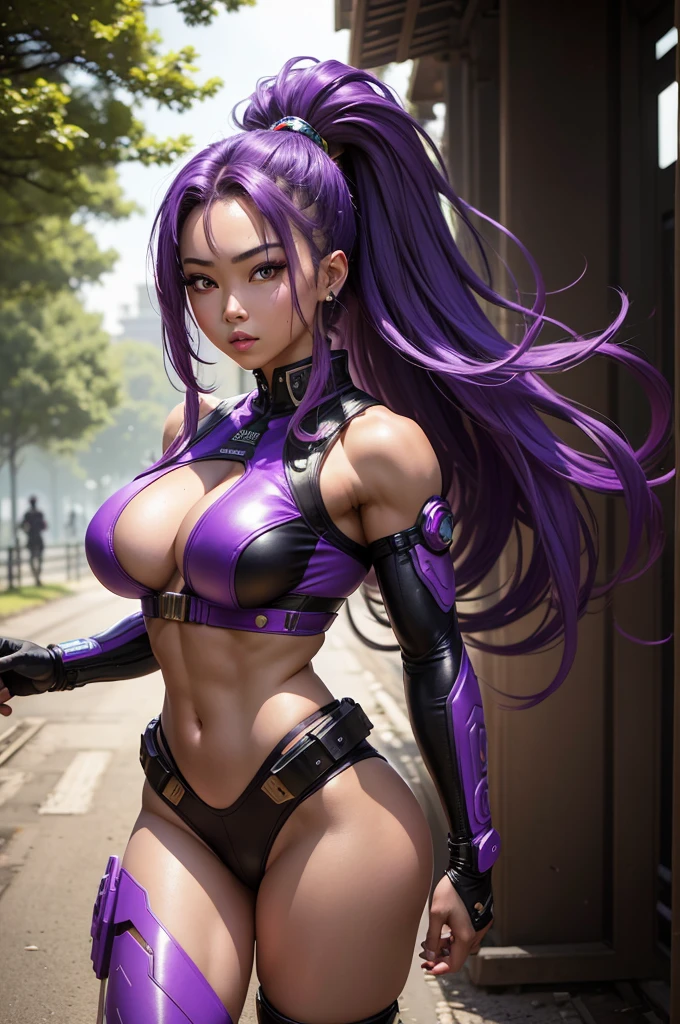 A beautiful, exuberant and very young cybernetic android warrior with black African and oriental Japanese and Chinese features, mixed with the clone of the Greek warrior goddess Athena, with super giant breasts, purple eyes, transformed into a super sensual and extremely muscular astronaut, fitness, fit bodybuilder and weightlifter, wearing very short, radical punk style, purple and very straight hair in locks, wearing cyberpunk battle clothes, running dynamically on a forest planet full of trees