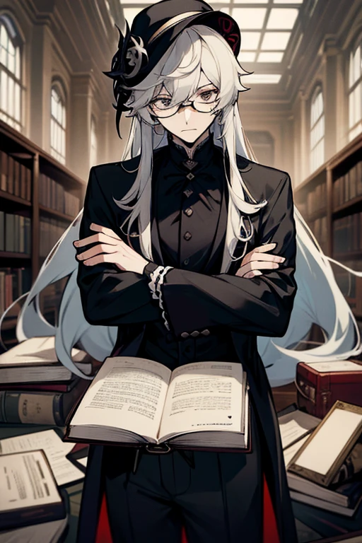 Psychoanalyst, 40 years strong old man, Pantalone Genshin, crossed arms, male pose, chic black clothing, long hair, pale, morbid, dark, goth, serious, glasses, book room, divan behind him.