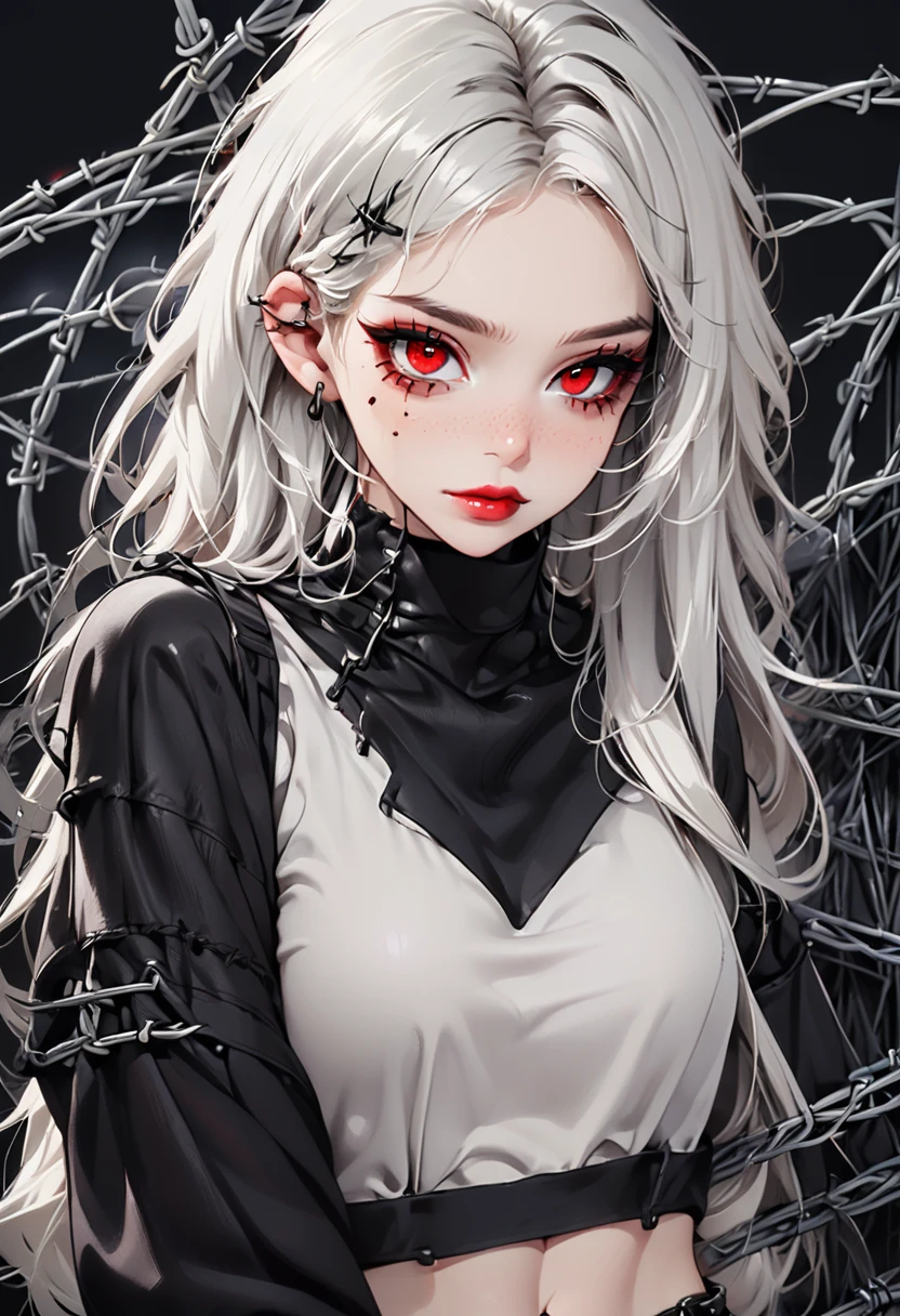 Beautiful young white-haired girl with piercing red eyes, half smile with full lips, black nails, barbed wires everywhere(coiled black barbed wires)