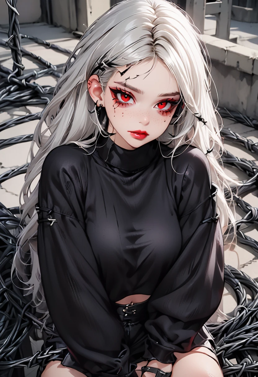 Beautiful young white-haired girl with piercing red eyes, half smile with full lips, black nails, barbed wires everywhere(coiled black barbed wires)
