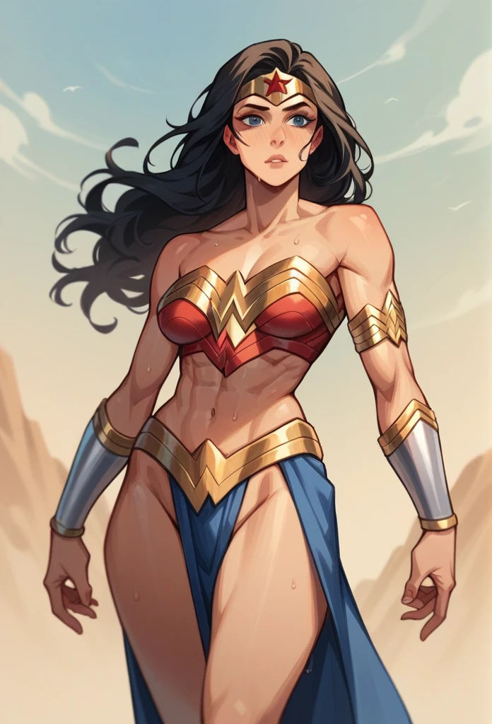 a chinese woman age 40 using wonder woman outfit sweat body looking so pretty standing near beauty arabic princess wearing gladiator outfit in the middle of desert