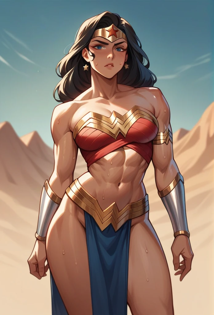 a chinese woman age 40 using wonder woman outfit sweat body looking so pretty standing near beauty arabic princess wearing gladiator outfit in the middle of desert
