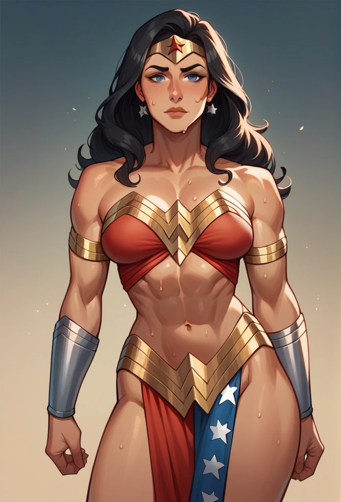 a chinese woman age 40 using wonder woman outfit sweat body looking so pretty standing near beauty arabic princess wearing gladiator outfit in the middle of desert