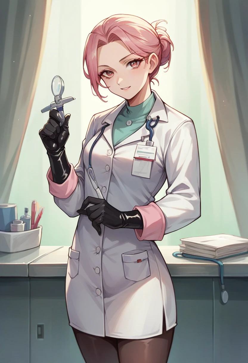 1girl, ((black gloves)), ((surgical gloves)), ((latex gloves)), ((pink surgeon outfit)), looking at viewer, ((long sleeves)), ((doctor)), standing, solo