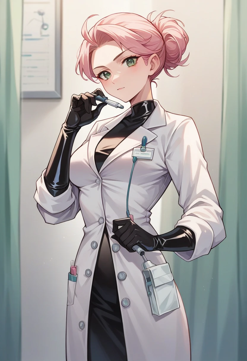 1girl, ((black gloves)), ((surgical gloves)), ((latex gloves)), ((pink surgeon outfit)), looking at viewer, ((long sleeves)), ((doctor)), standing, solo