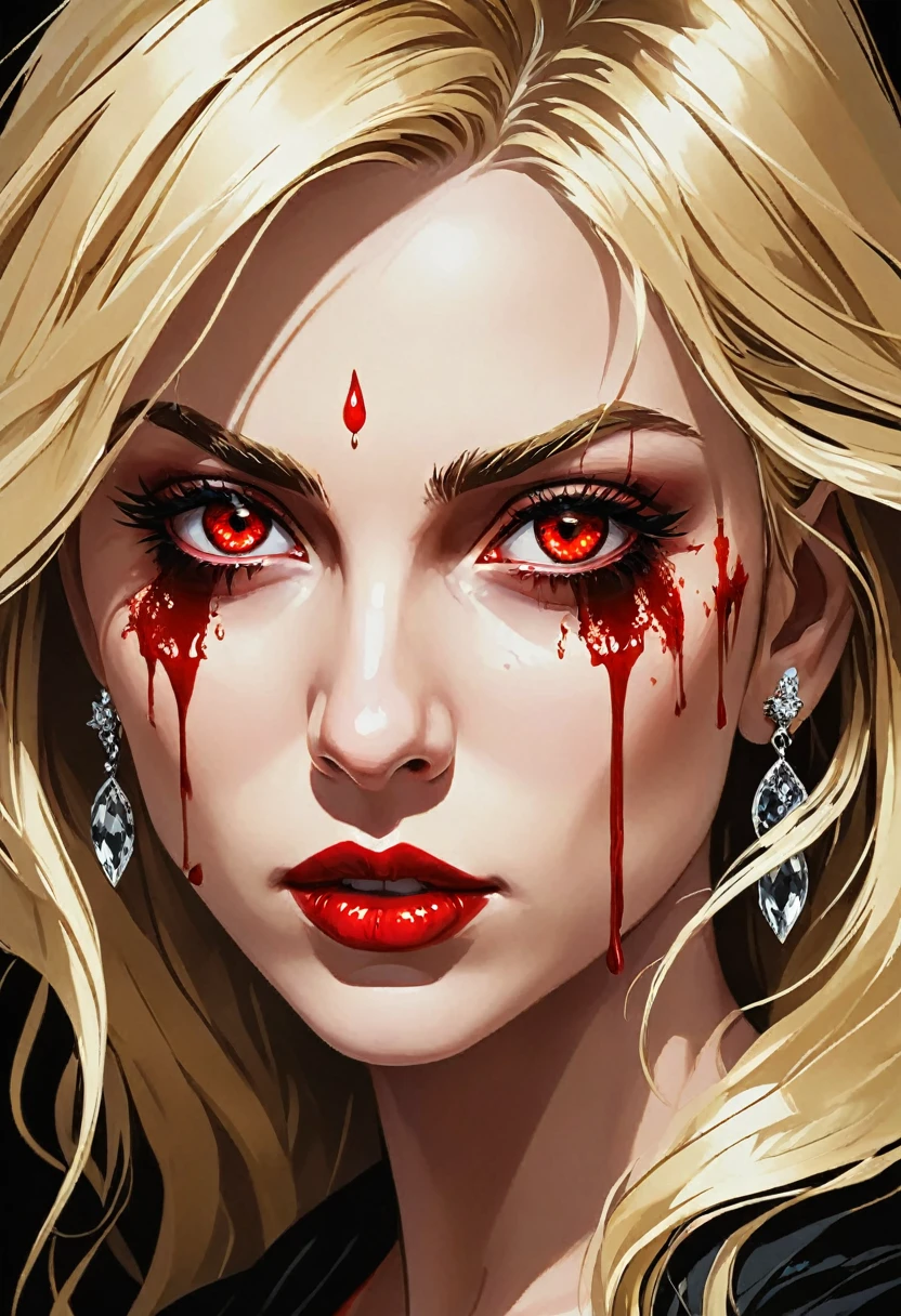 a portrait of vampire with a bloody tear coming down from he eye, an exotic beautiful female vampire, blond hair color, dynamic hair style, ultra detailed face, best detailed face, dynamic eye color, ((1single red teardrop, teardrop made of blood coming down from the eye: 1.3)), small cleavage, wearing two black diamond earrings, Ultra-high resolution, High Contrast, (masterpiece:1.5), highest quality, Best aesthetics), 16K fantasy art, best details, best quality, highres, (ultra wide angle: 1.2), 16k, [ultra detailed], masterpiece, best quality, (extremely detailed), ladyshadow, magical sky, crying style