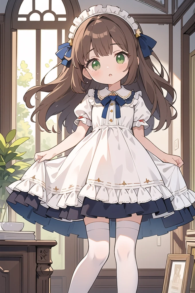 (masterpiece, best quality), 1girl, Spanish girl, green eyes, brown hair, red and blue frill dress, (white stockings), cute face, standing, indoor, intricate detail, sunlight,