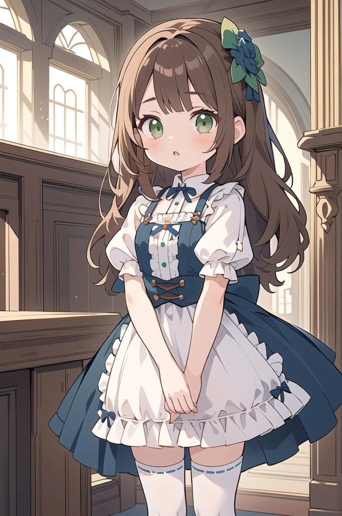 (masterpiece, best quality), 1girl, Spanish girl, green eyes, brown hair, red and blue frill dress, (white stockings), cute face, standing, indoor, intricate detail, sunlight,