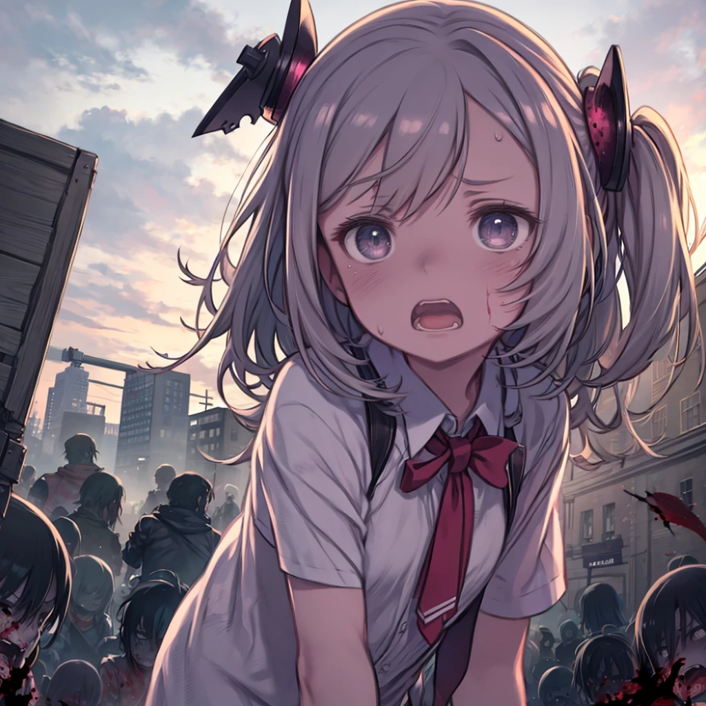 One Girl、Escaping from a horde of zombies、Grouped Zombies、Broken Town、Upper Body、Running away、Sweat、Blood、Cloudy sky、Troubled expression、Angle from the front、Screaming、Open your mouth、Get help、