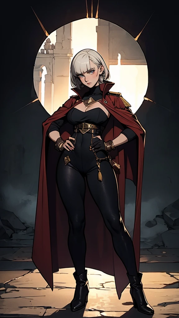 A woman with long platinum blonde hair, choppy bangs, arched crescent eyebrows, sharp and determined eyes, a delicate oval face, a serious expression, a fantasy-style dark green military coat, draped with a dark red cloak, military trousers, leather combat boots, silver greaves leggings, one hand on her hip, standing in a spacious training ground, this character embodies a finely crafted fantasy-style female military officer in anime style, exquisite and mature manga art style, pale skin, high definition, best quality, highres, ultra-detailed, ultra-fine painting, extremely delicate, professional, perfect body proportions, golden ratio, anatomically correct, symmetrical face, extremely detailed eyes and face, high quality eyes, creativity, RAW photo, UHD, 32k, Natural light, cinematic lighting, masterpiece-anatomy-perfect, masterpiece:1.5