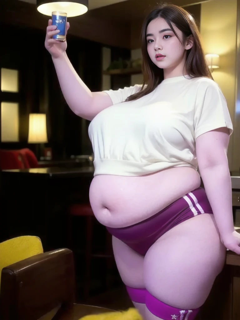 il y a une femme en chemise blanche et culotte noire qui pose, she has a round and big belly, thick, bbwchan, her belly is big and round, sultry body with sexy belly, attractive plus size model, her navel is exposed, hyperrealistic complete figure, corps thick, large stomach, curved model