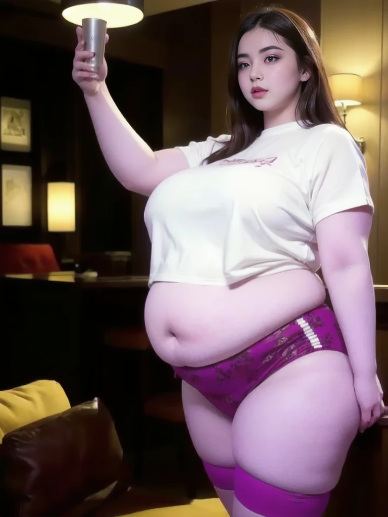 il y a une femme en chemise blanche et culotte noire qui pose, she has a round and big belly, thick, bbwchan, her belly is big and round, sultry body with sexy belly, attractive plus size model, her navel is exposed, hyperrealistic complete figure, corps thick, large stomach, curved model