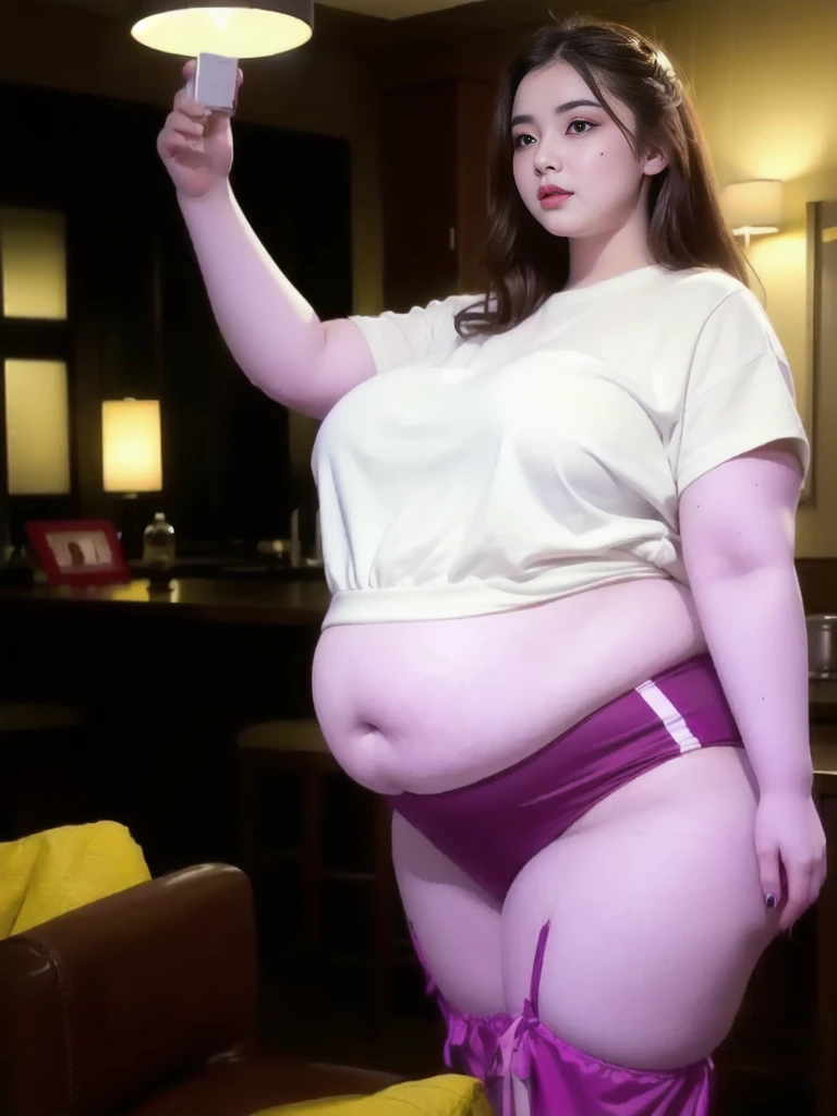 il y a une femme en chemise blanche et culotte noire qui pose, she has a round and big belly, thick, bbwchan, her belly is big and round, sultry body with sexy belly, attractive plus size model, her navel is exposed, hyperrealistic complete figure, corps thick, large stomach, curved model