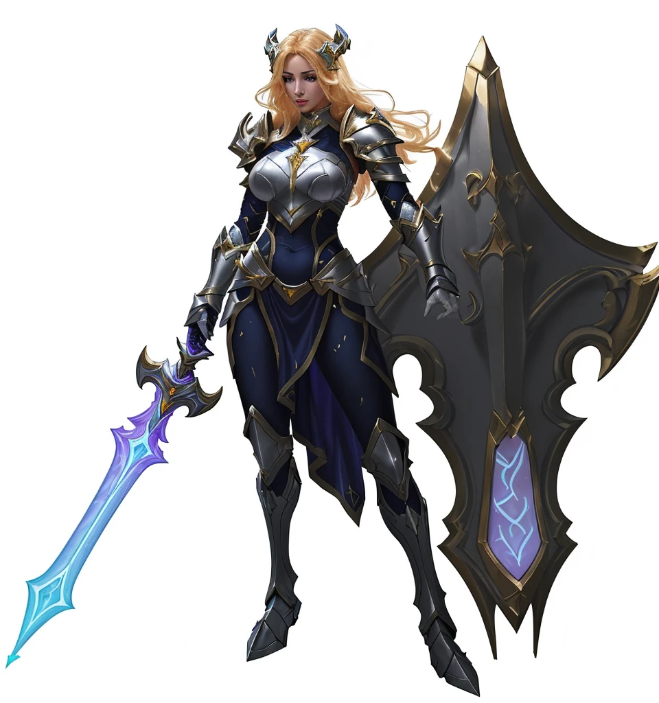 paladin, female, full armor, white armor, sexy, pretty face face, glowing armor, wonderfull, looks like "leona" from "league of legends",