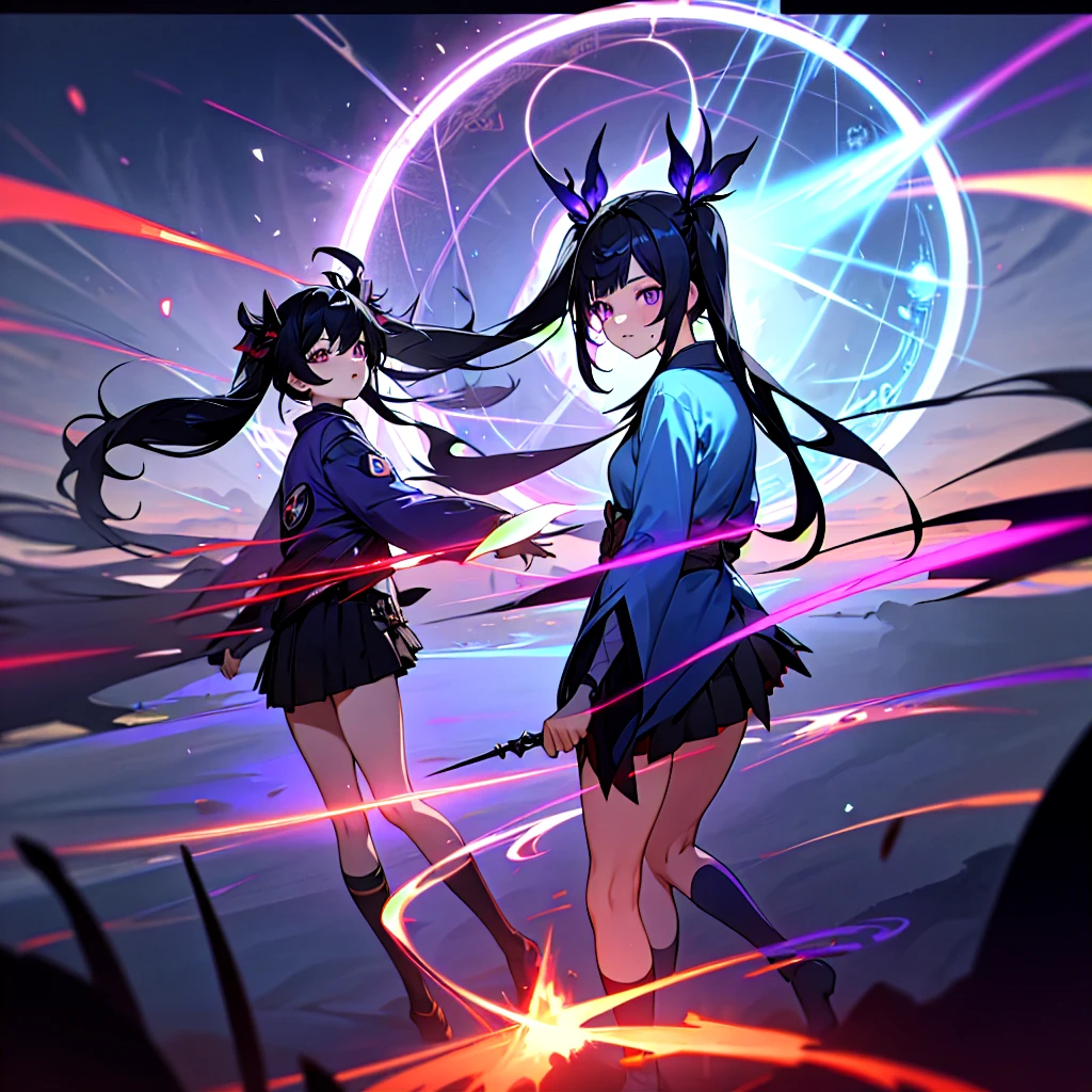 Two Girls, kimono, Twin tails ,Black Hair, Purple eyes, magic circle, Blue Fire, Blue Flame, wallpaper, landscape, Blood, Blood splatter, Depth of written boundary, night, Particles of light, light, Side light, Thighs, destiny \(series\), Genshin Impact, ****, Open jacket, skirt, Knee socks, cloud