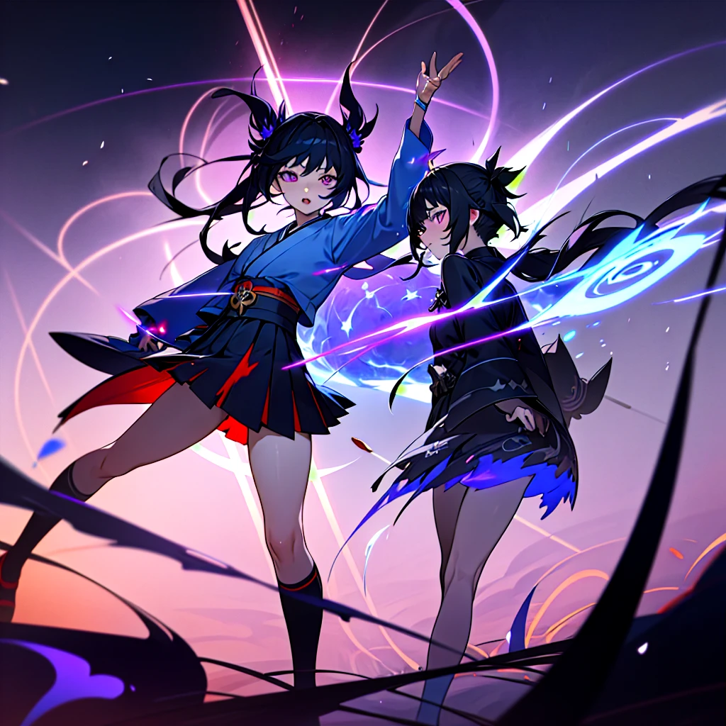 Two Girls, kimono, Twin tails ,Black Hair, Purple eyes, magic circle, Blue Fire, Blue Flame, wallpaper, landscape, Blood, Blood splatter, Depth of written boundary, night, Particles of light, light, Side light, Thighs, destiny \(series\), Genshin Impact, ****, Open jacket, skirt, Knee socks, cloud