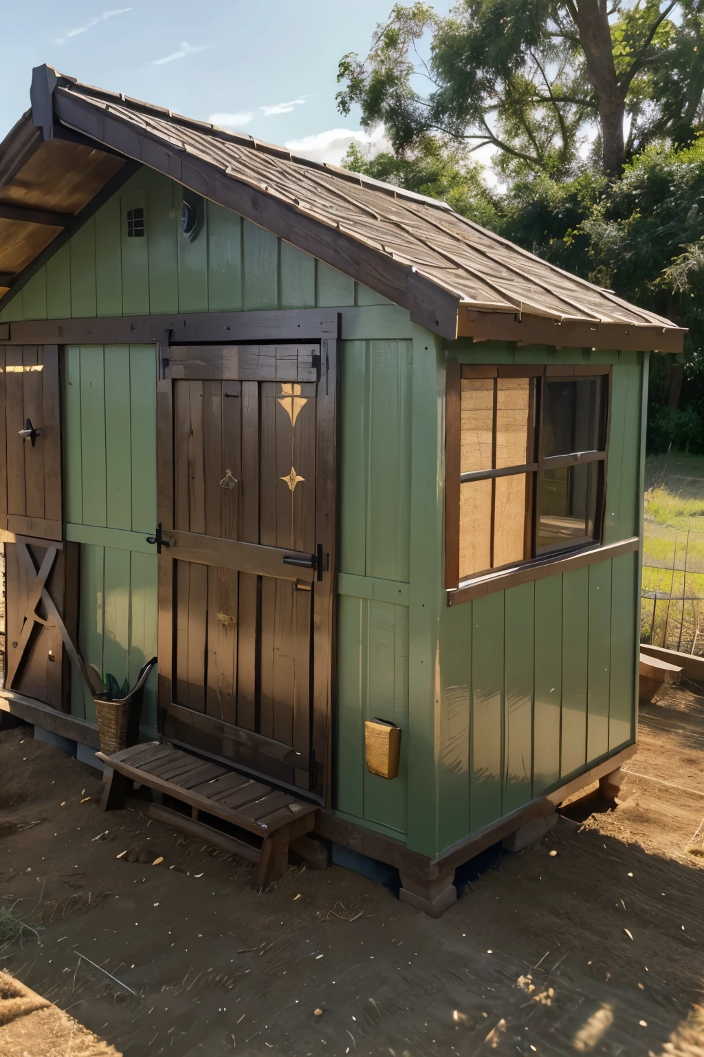 A vibrant rooster standing proudly on a rustic wooden coop, constructed with textured shiplap cladding, the weathered surface echoing the earthy tones of the farmyard. Warm sunlight casts a golden glow, illuminating the soft, feathery plumage of the rooster, its iridescent sheen glistening against the dark grey cladding. Earthy shades of olive green, terracotta, evoking a sense of rural charm and whimsy.