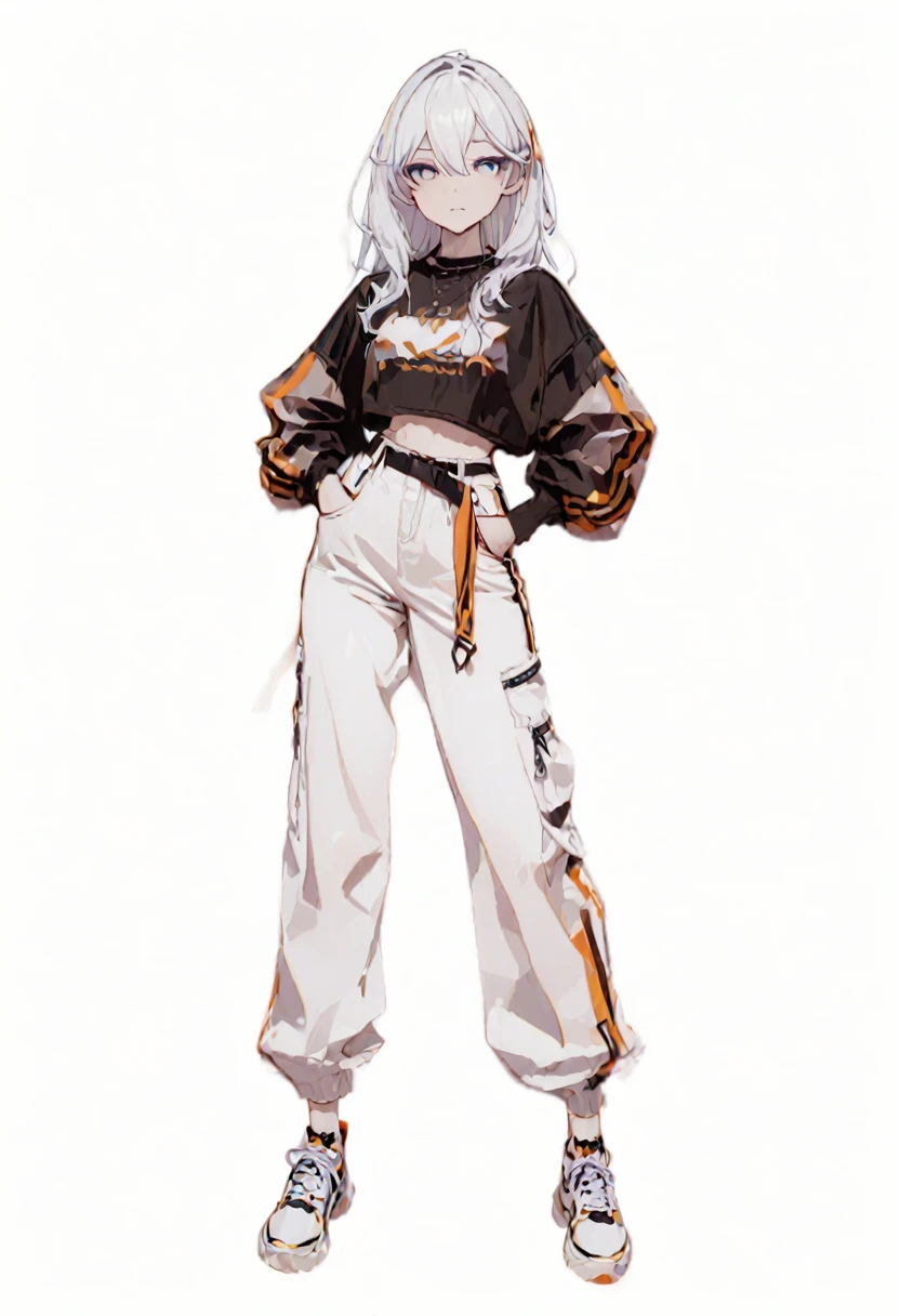(Masterpiece, highest resolution: 1.2, 8K), center, full body, one girl, cool fashion, wide pants, simple sneakers, simple background, blank white background, eyes open,