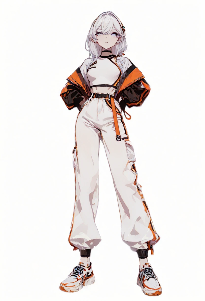 (Masterpiece, highest resolution: 1.2, 8K), center, full body, one girl, cool fashion, wide pants, simple sneakers, simple background, blank white background, eyes open,