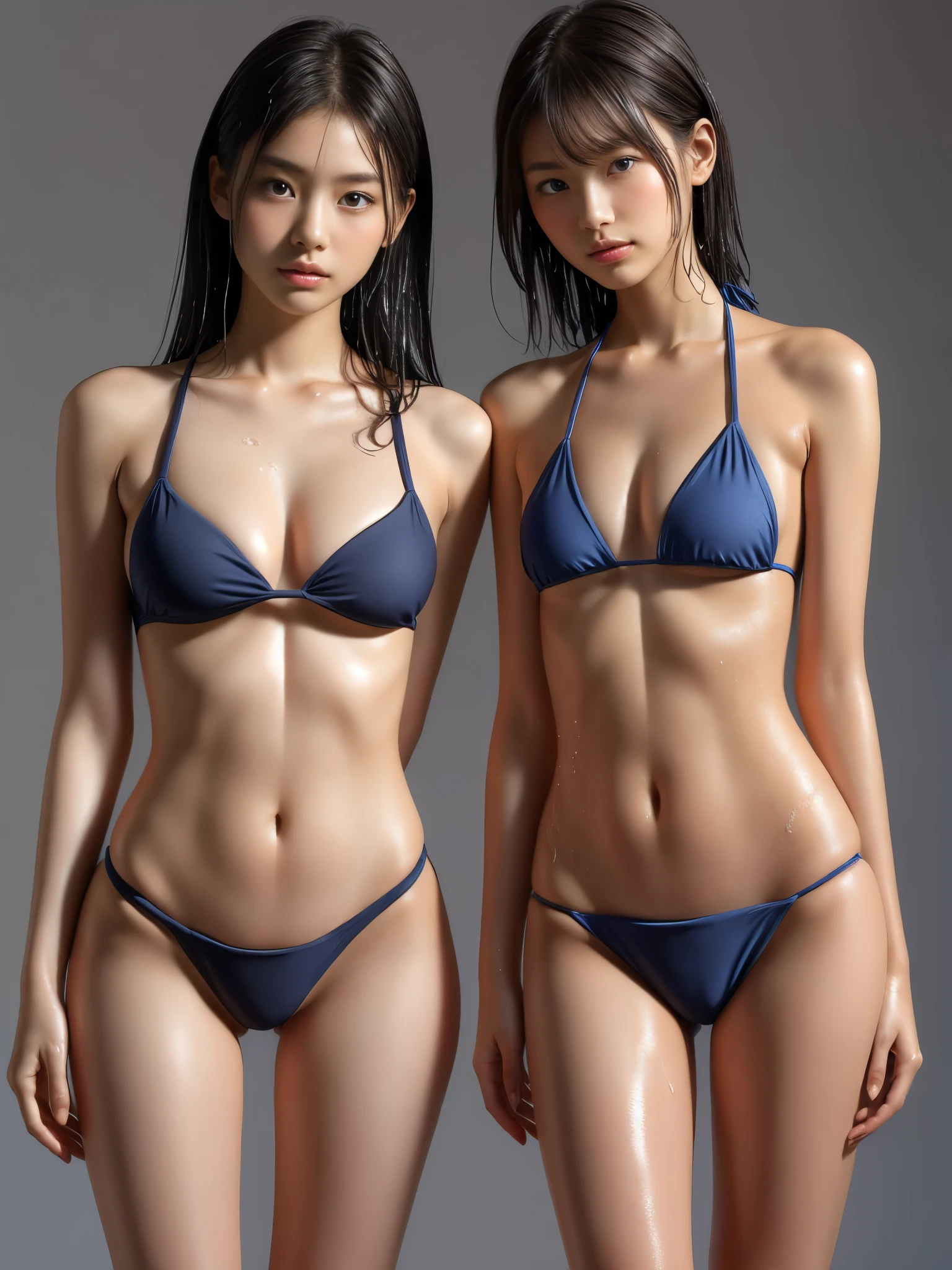 (whole body:1.3), ((Two Girls)), ((Simple Background)), ((Shiny black hair, Medium Hair, Hairside lock), (slender chest), (Wet red and blue bikini:1.3), (Perfect body:1.3), (Perfect Anatomy:1.3), (Complete Hand:1.3), (Full Finger:1.3), Realistic, RAW Photos, masterpiece:1.3, Highest quality, there is nothing, Delicate and beautiful, Perfect Face, Beautiful attention to detail, Fair skin, Real human skin, ((Thin legs)), (Are standing), (from the front), 