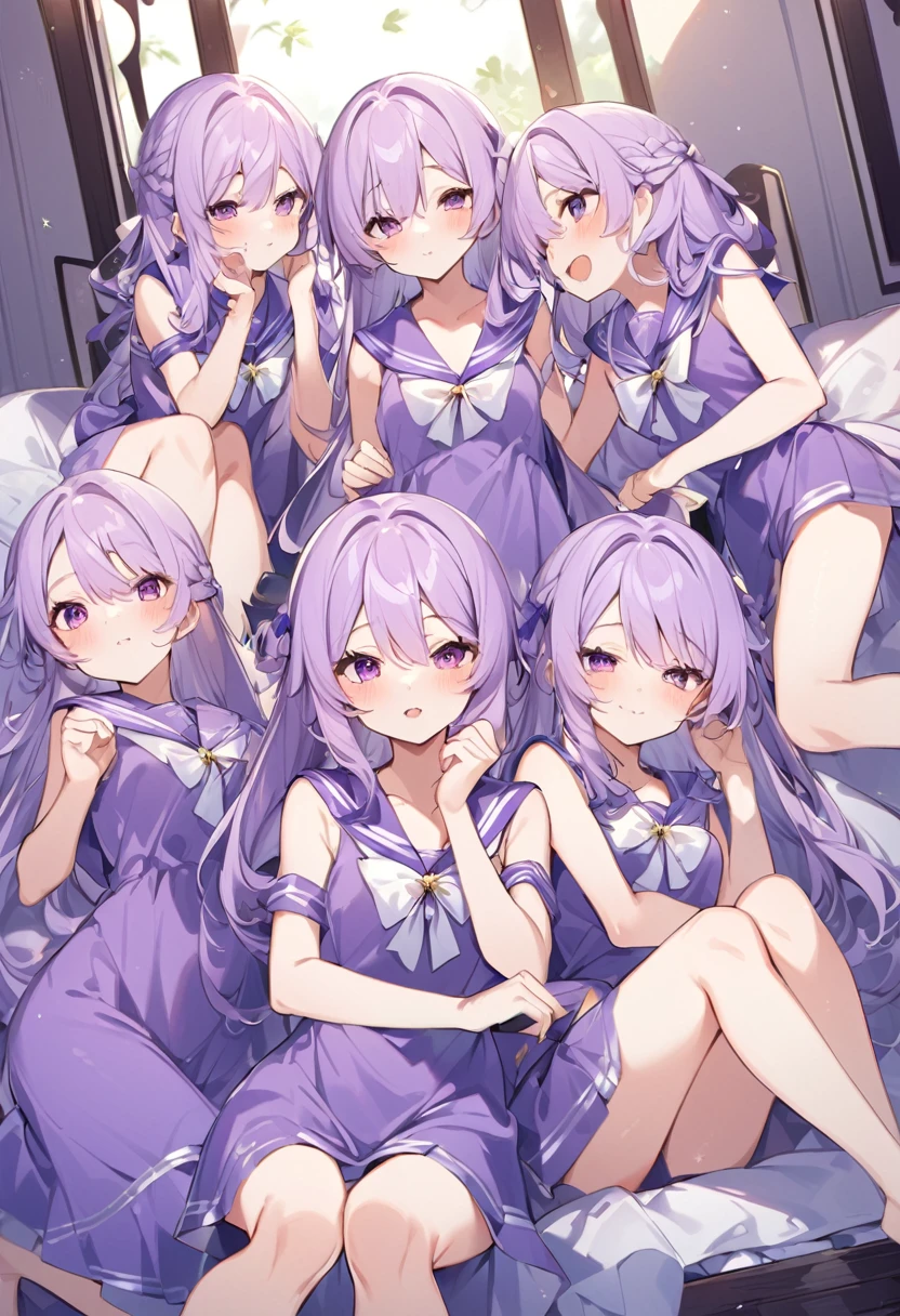 Keito。Purple sailor suit。barefoot。six sisters。They both have lavender hair。all female。Sextuplets。Purple bed