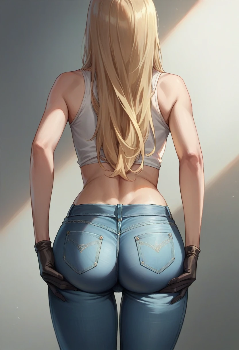 masterpiece, realistic, best quality, one blonde girl, long hair black gloves, midriff top, tight jeans, perfect body, rear view, facing away from camera, perfect round butt, slim thighs, own hands on butt